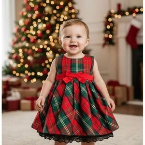 Girls Plaid Holiday Dress‎ 12 Months Red Green Bow Christmas Party